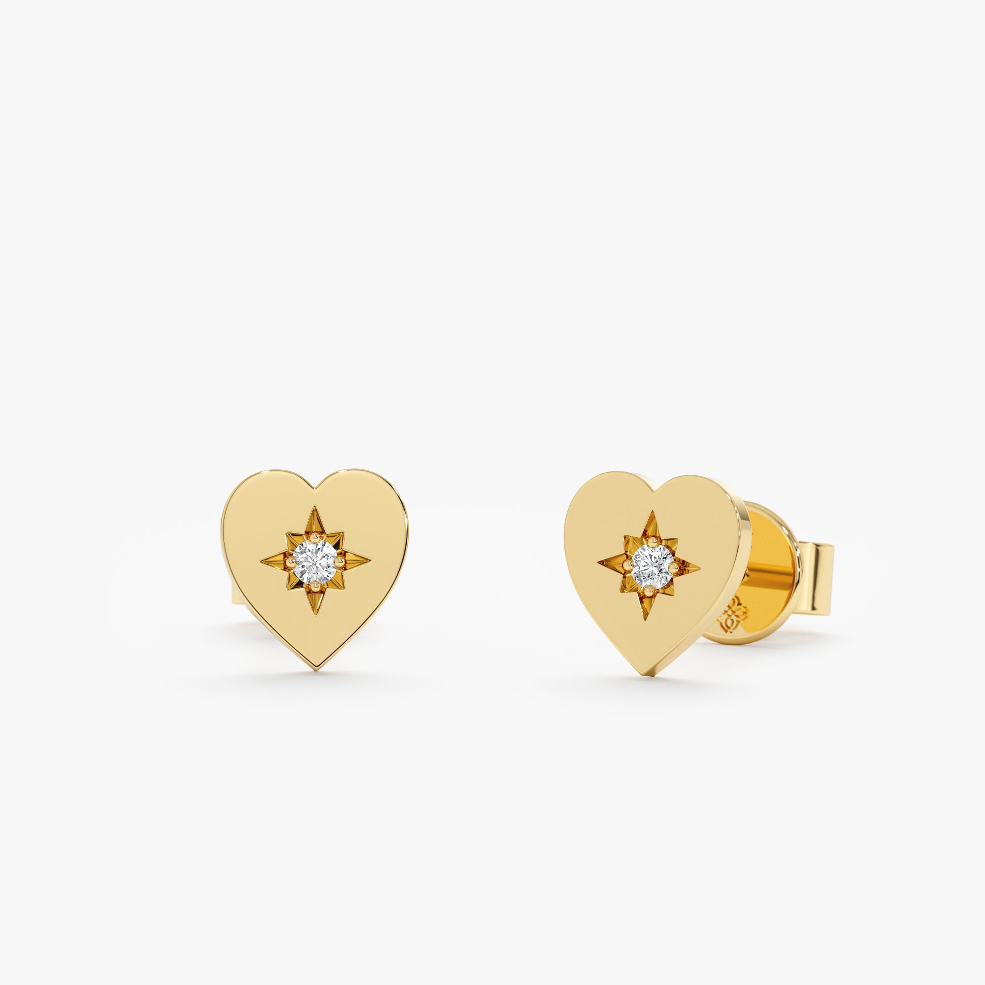 14k Solid Gold Heart Studs With Diamond Star 