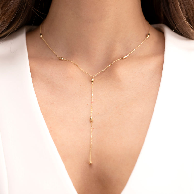 14k gold beaded lariat chain