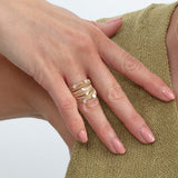 14k triple band ring with ribbed texture and diamonds 