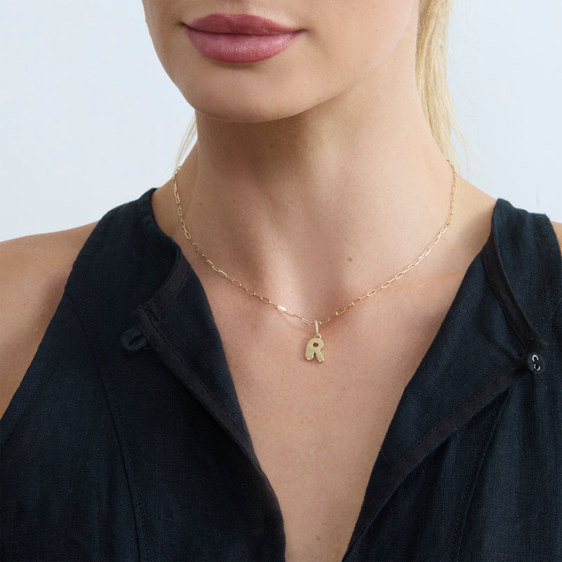 bubble letter initial necklace charm in 18k solid gold 