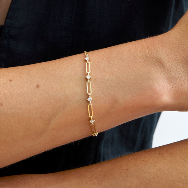 14k gold diamond station bracelet with paperclip links