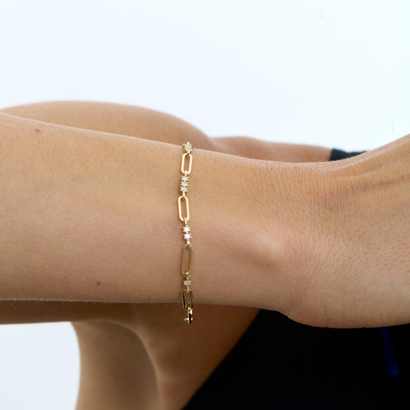 14k gold diamond station bracelet with paperclip links