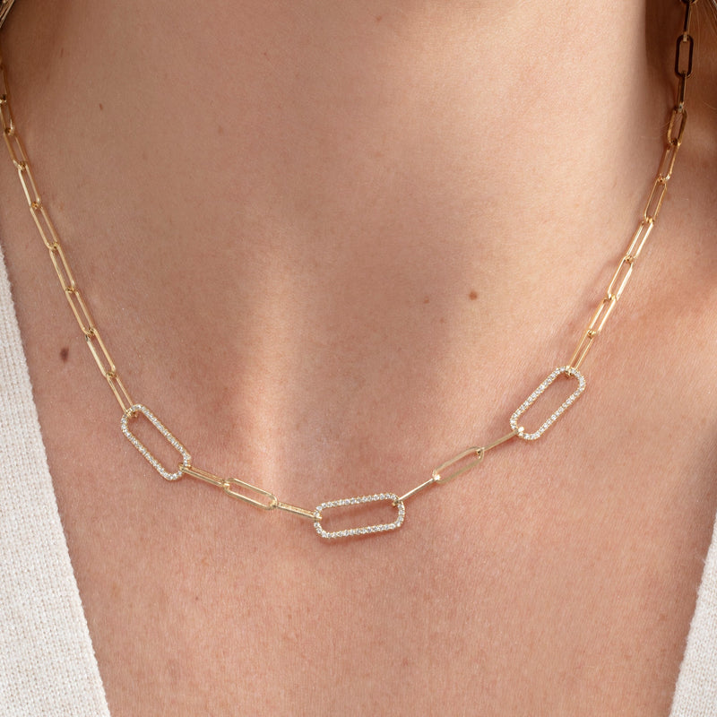 14k gold paperclip necklace with pave diamond links 