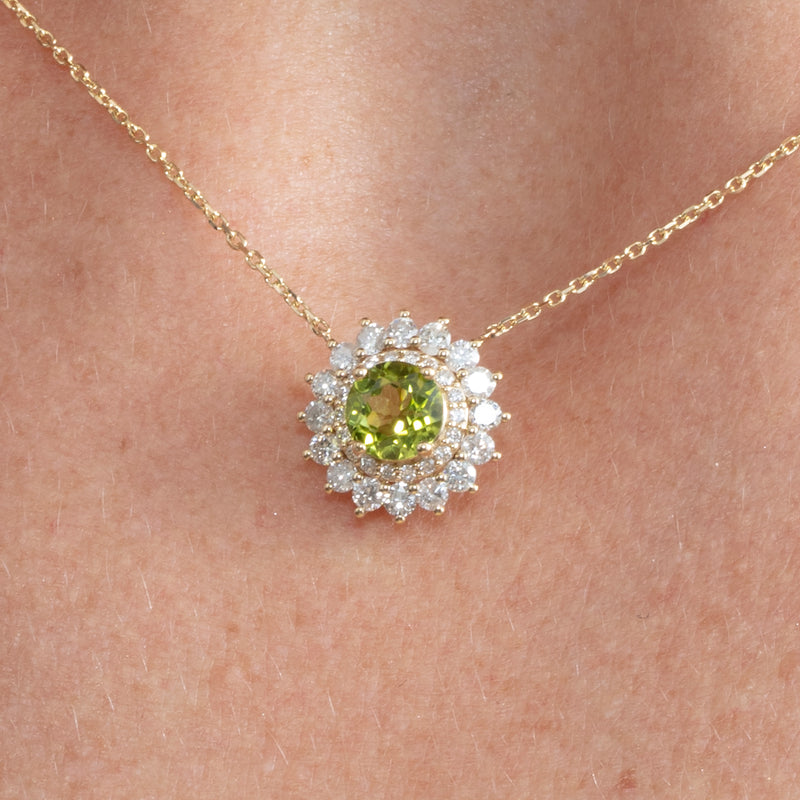 14k gold peridot pendant necklace with white diamond halo 