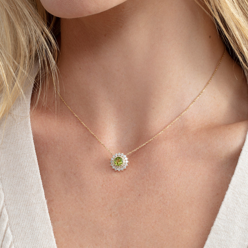 14k gold peridot stacking necklace with white diamonds 