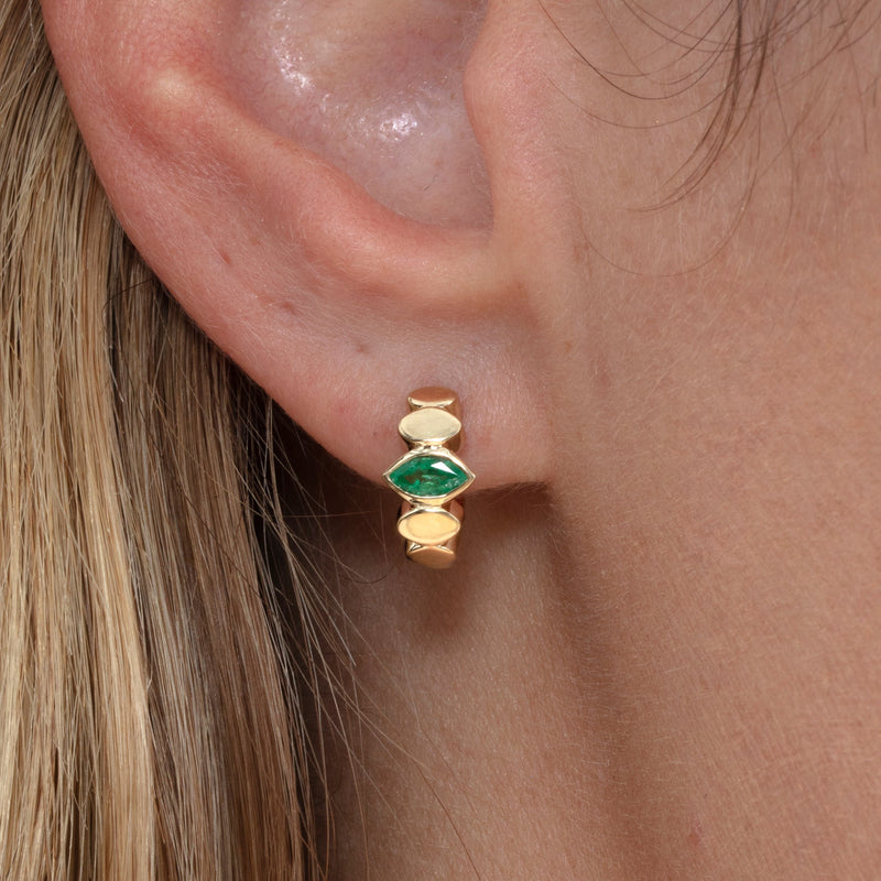 marquise cut emerald huggie earring in 14k gold 