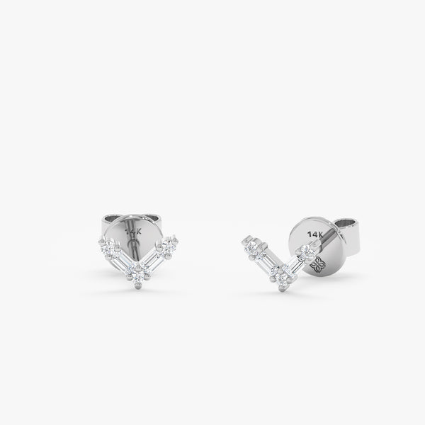 handmade pair of solid white gold chevron diamond lined earring studs
