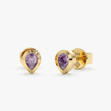 Handmade pair of solid 14k gold pear cut amethyst stud earrings 