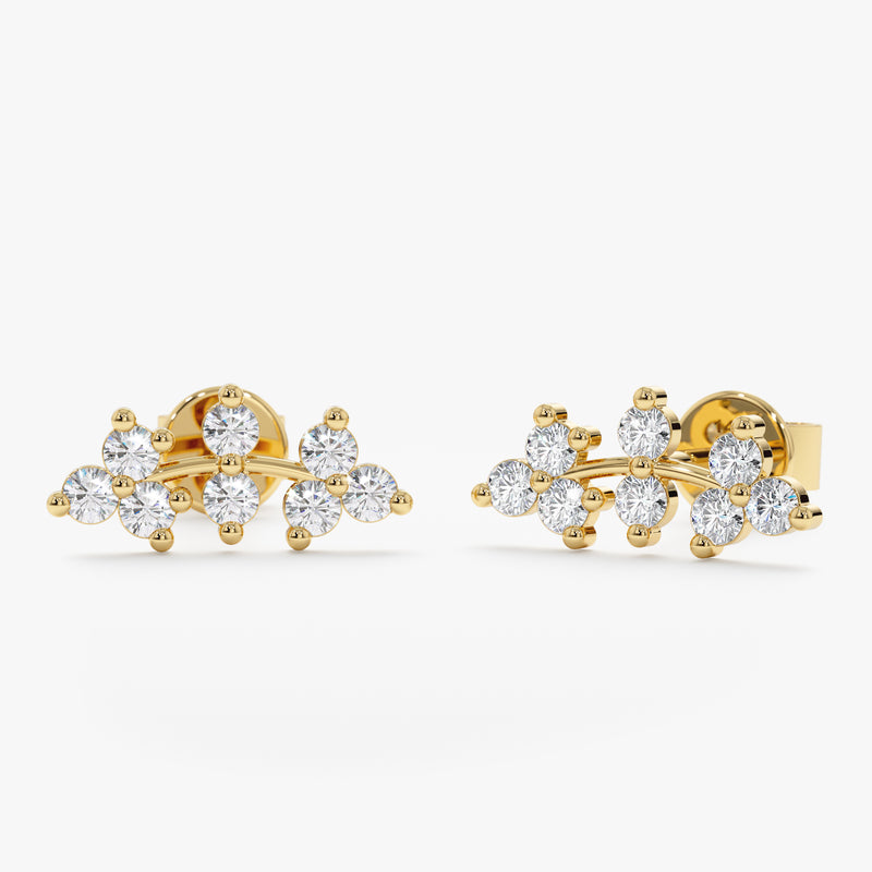 handmade solid 14k gold ear climber studs with multiple diamonds in vine design