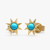 handmade pair of solid 14k gold natural turquoise sun stud earrings 