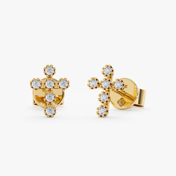 handmade pair of solid 14k gold diamond prong set cross earring studs