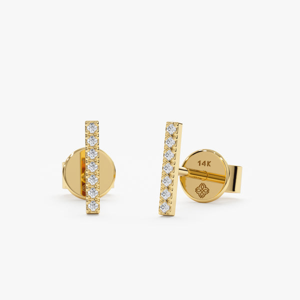 handmae pair of solid 14k gold diamond bar studs