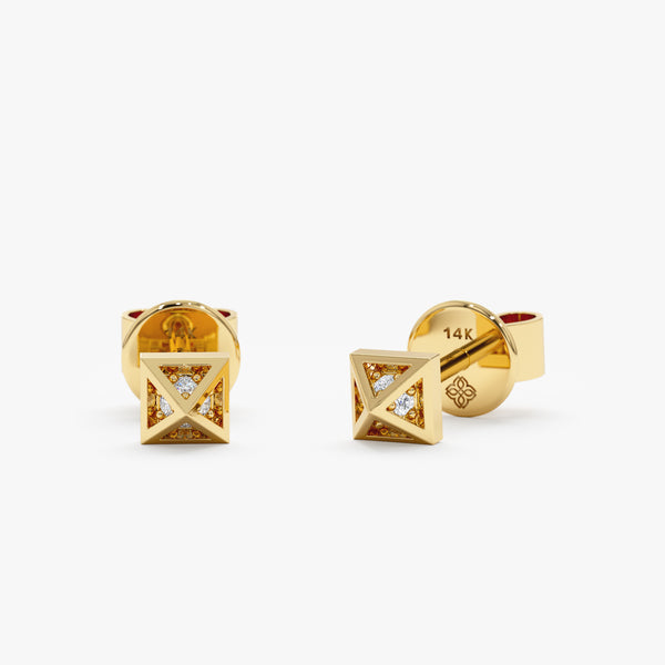 handmade pair of solid 14k gold pyramid stud earrings with diamond