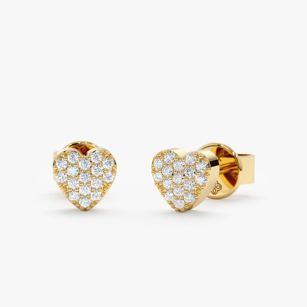 handmade solid 14k gold heart shape stud earrings with paved diamonds