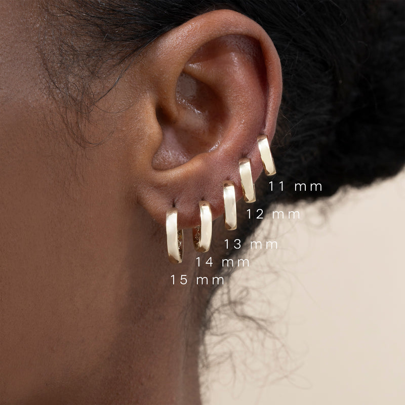 petite and wide huggie hoops in solid gold