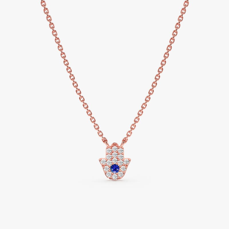 rose Gold Hamsa necklace with blue sapphire and diamonds