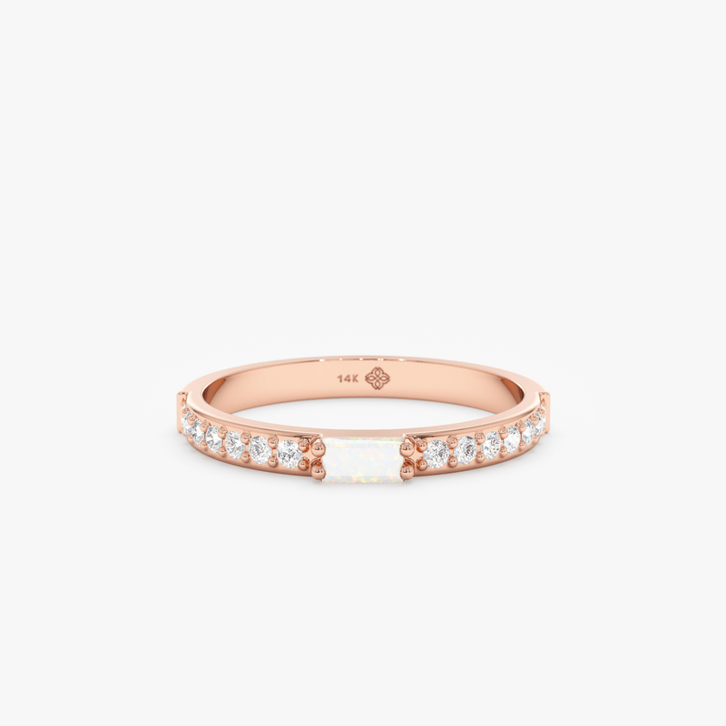 rose gold, october birthstone opal ring with diamonds