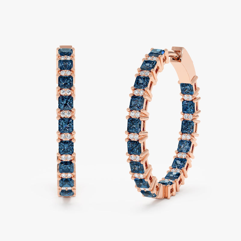 14k rose gold blue topaz and diamond eternity hoop earrings