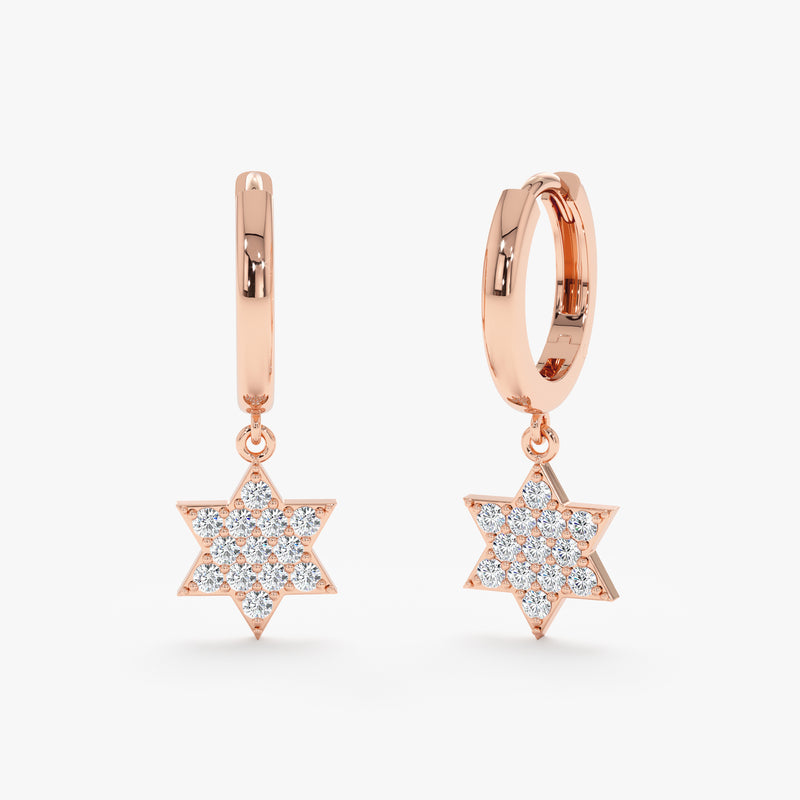 Pair of dainty star charm huggies in 14k solid rose gold