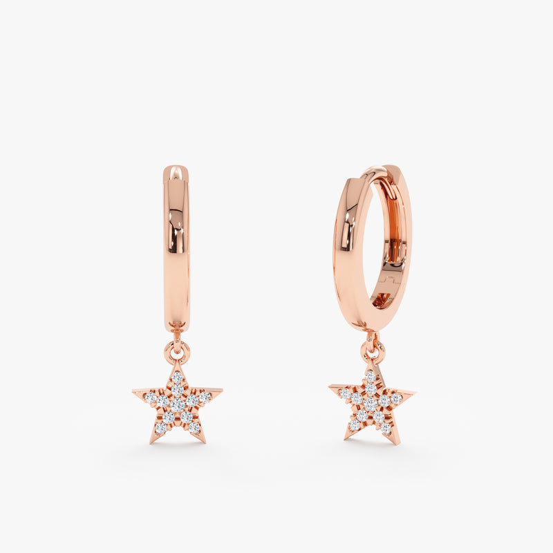 Dainty handmade 14k solid rose gold star charm huggies 