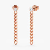 Pair of single diamond stud earrings with hanging cuban chain in 14k solid rose gold. 