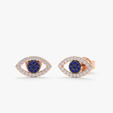 white diamond blue sapphire eye earrings in rose gold