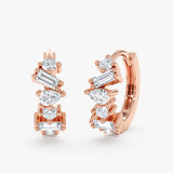 Pair of solid 14k rose gold mixed cluster natural diamond huggies