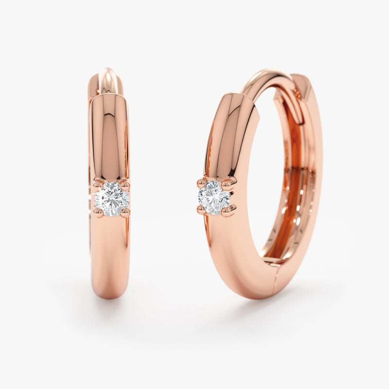 Handcrafted pair of solid 14k rose gold hoop huggie earrings