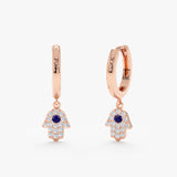 Pair of 14k solid rose gold hamsa hand shape charm earring with blue sapphire and diamonds 