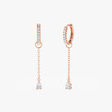 Pair of solid 14k rose gold single diamond drop earring charm with chain