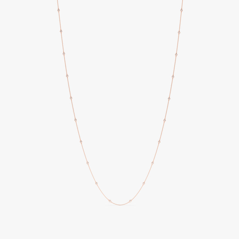 long 14k solid rose gold multiple diamond station necklace