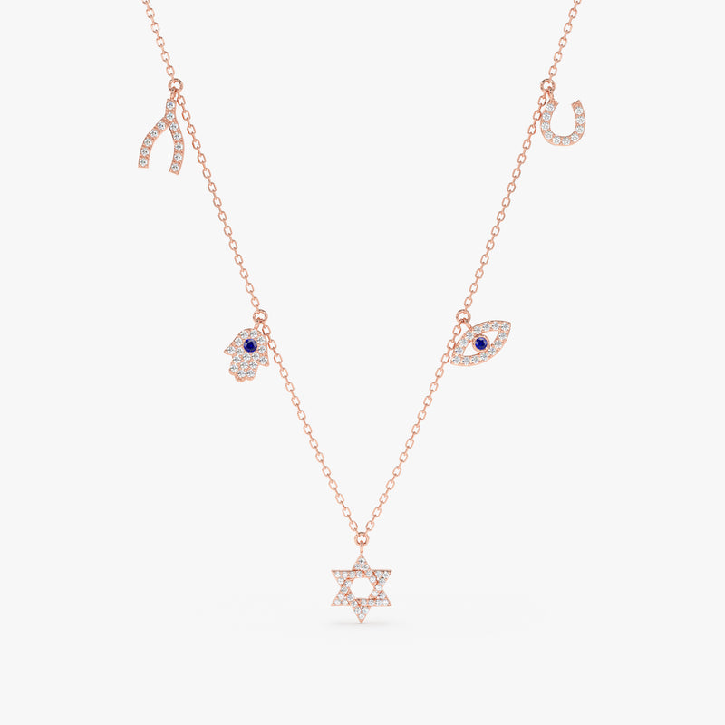 multiple protective charm necklace with lined diamonds and natural blue sapphire