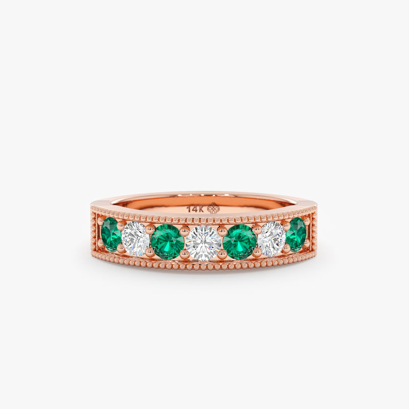 handcrafted in rose gold round diamond and emerald thick ring