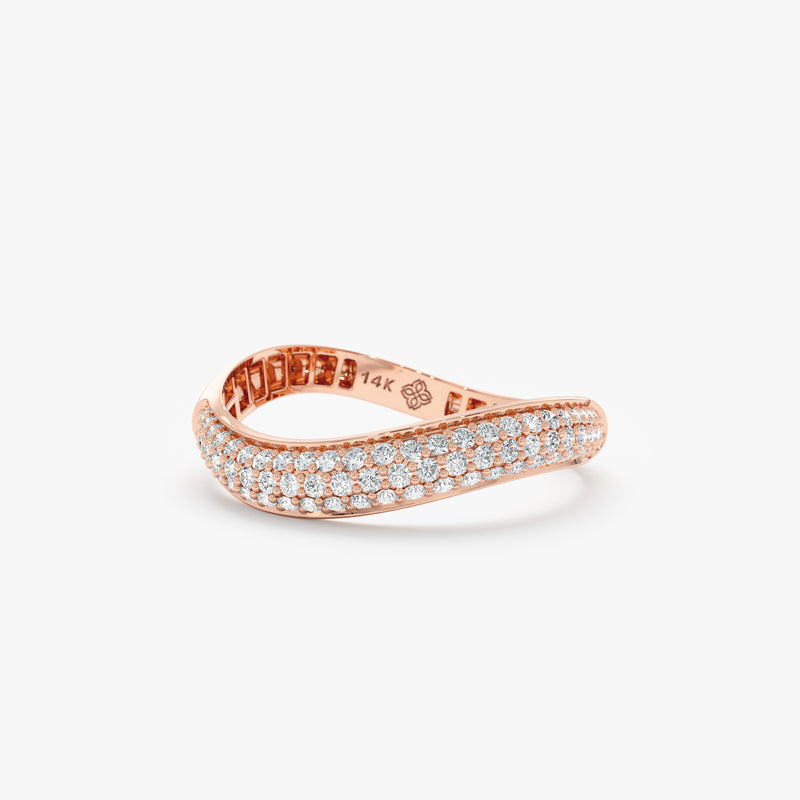 14k solid rose gold curved ring with natural white diamonds