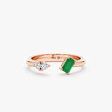 solid rose gold open ring with emerald birthstone and natural white diamonds 