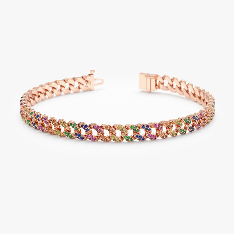 Multicolored sapphire bracelet with Cuban chain links