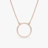 handmade solid 14k rose gold large diamond paved circle pendant necklace