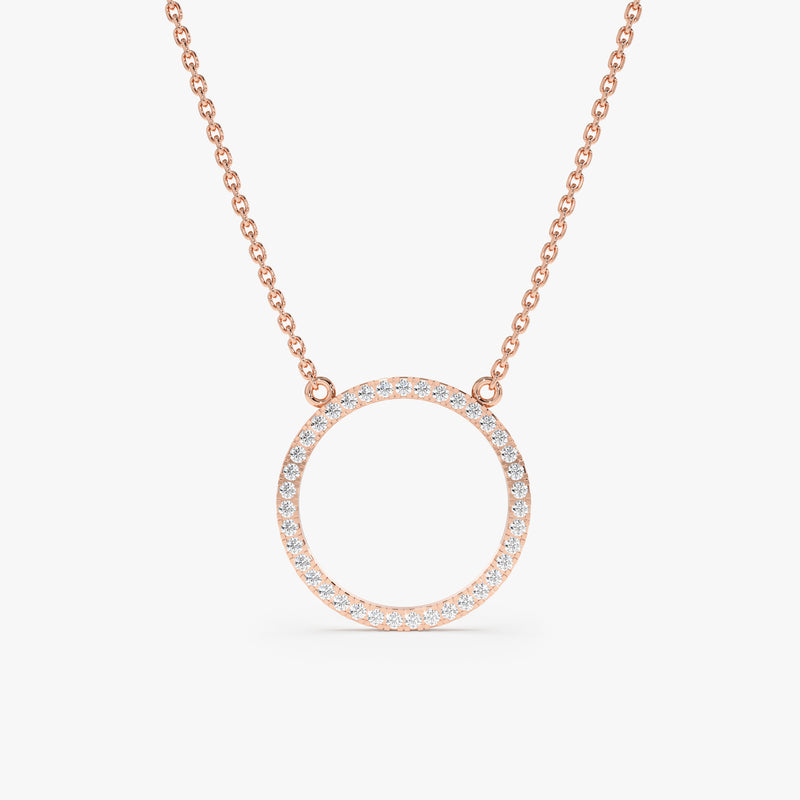 handmade solid 14k rose gold large diamond paved circle pendant necklace