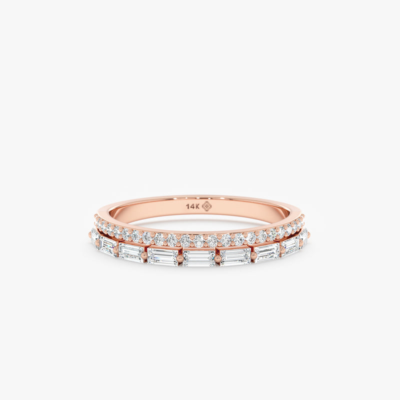 14k solid rose gold diamond ring with baguette and round diamonds 