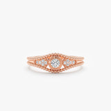 solid rose gold ring with round diamonds and beaded frame