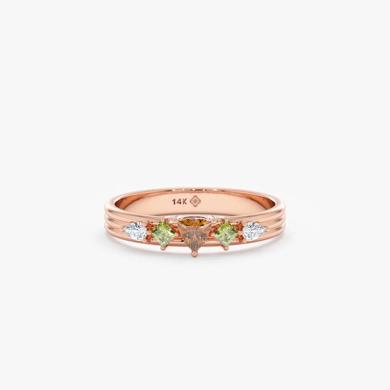 14k solid rose gold ribbed ring with citrine and peridot and diamonds