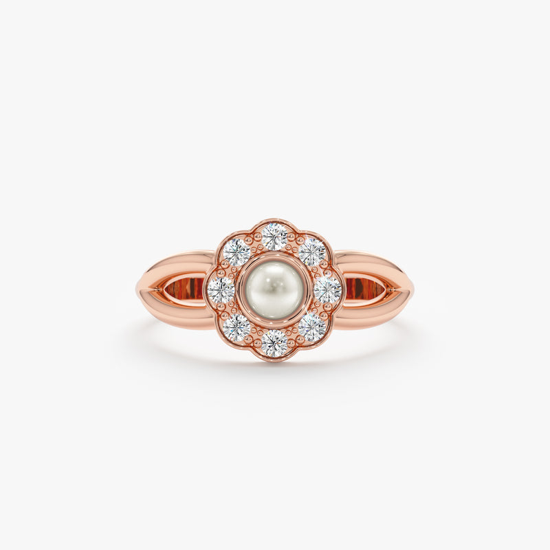 rose gold ring with ethically sourced diamond and pearl