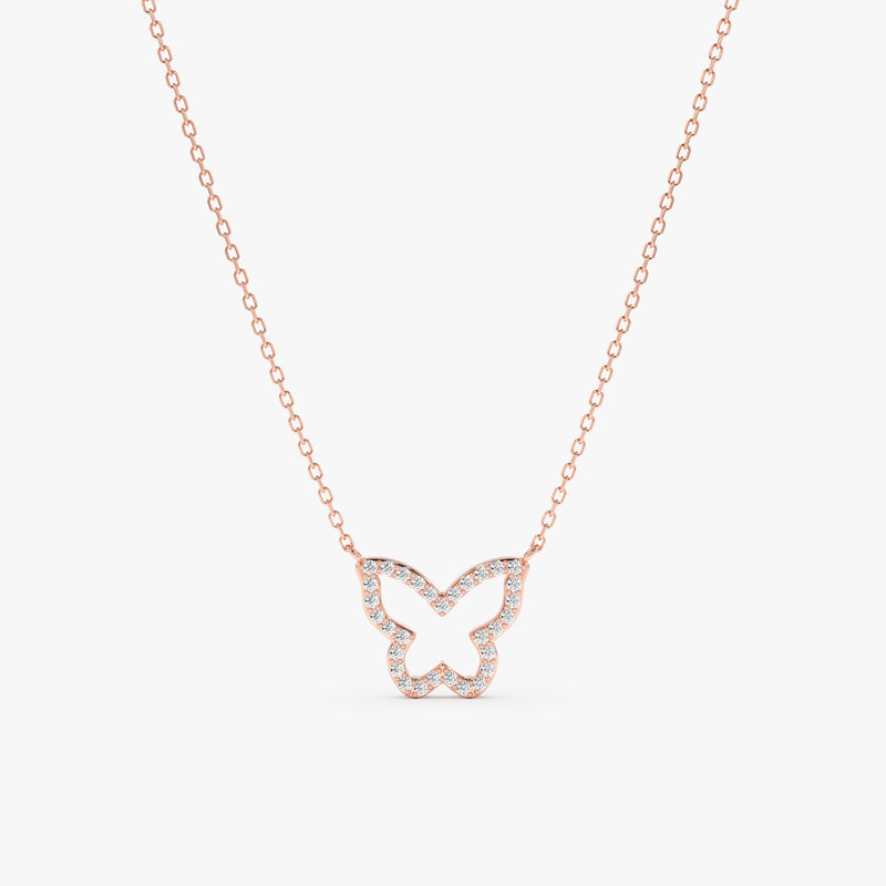 14k rose gold butterfly shape necklace with natural lined diamonds