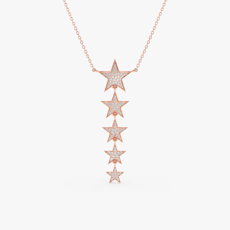 handmade solid rose gold five diamond paved hanging star pendant necklace with cable chain