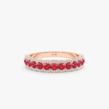 natural ruby lined half eternity ring with paved diamonds in rose gold 