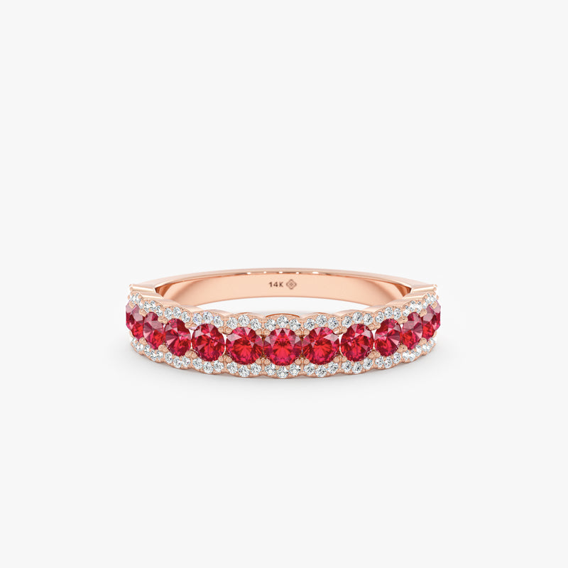 natural ruby lined half eternity ring with paved diamonds in rose gold 