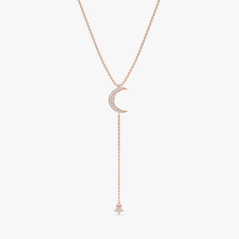 handcrafted solid 14k rose gold drop necklace with moon and hanging star pendant