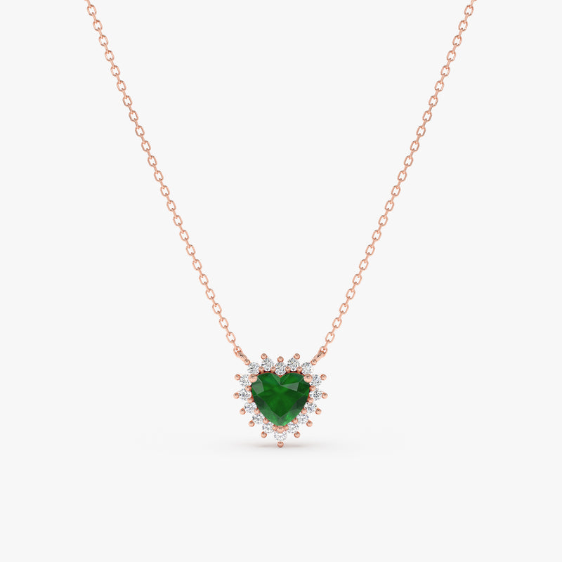 18k rose gold dainty necklace with heart emerald and white diamond halo 