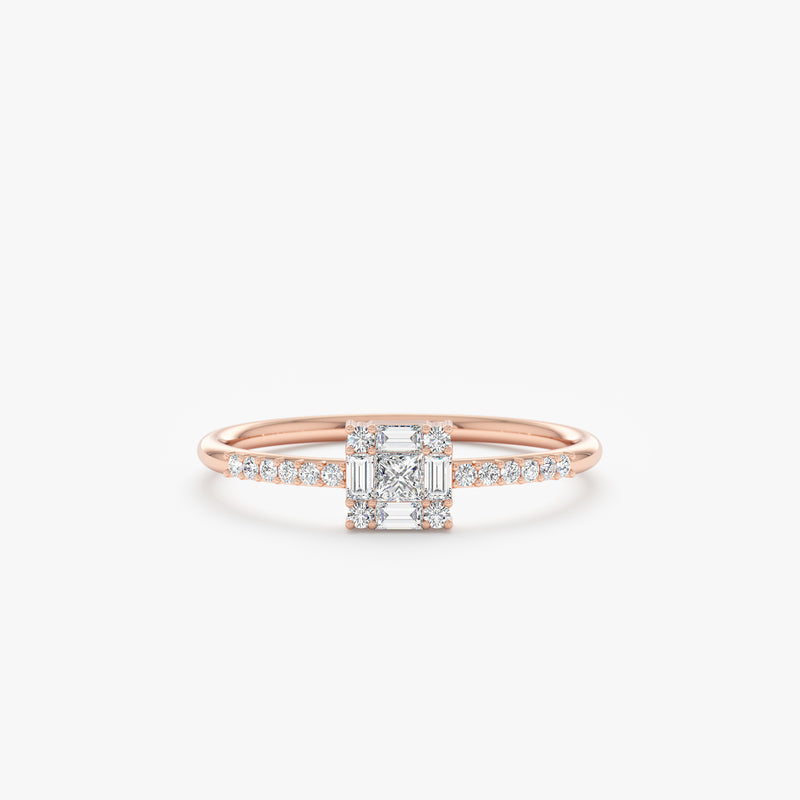 square ring with natural diamond cluster in 18k rose gold