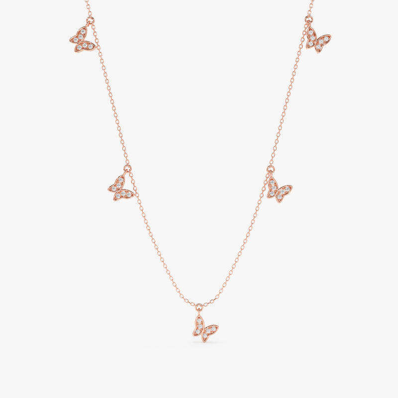 handcrafted solid rose gold diamond butterfly hanging charms necklace